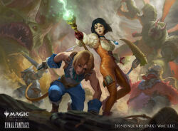 1girl 1other 2boys adelbert_steiner apron armor b03di blonde_hair bodysuit chef_hat dagger final_fantasy final_fantasy_ix fork garnet_til_alexandros_xvii glowing_staff hat highres holding holding_dagger holding_fork holding_knife holding_weapon knife lace-up_top long_tongue mage_staff magic:_the_gathering monkey_tail monster multiple_boys official_alternate_hairstyle official_art orange_bodysuit quina_quen reverse_grip short_hair slashing sword tail tongue weapon zidane_tribal