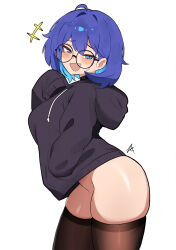1girl ahoge black_hoodie blue_eyes blue_hair blush brown_thighhighs colored_inner_hair from_side hair_between_eyes highres hood hoodie laughing lips looking_at_viewer meru_(twt_zet) multicolored_hair no_panties open_mouth original round_eyewear short_hair signature simple_background smile solo thighhighs white_background zet_(twt_zet)
