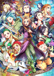 5girls 6+boys aqua_eyes armor bag bandana bead_necklace beads bike_shorts black_hair black_shirt black_shorts black_tank_top blonde_hair blue_eyes blue_hair boots bracelet braid brown_hair brown_shoes brown_trim camus_(dq11) cane castle character_request colored_skin commentary_request confetti cross-laced_clothes dagger dirndl dog dragon_quest dragon_quest_xi dress earrings emma_(dq11) erdrick&#039;s_sword everyone facial_hair fez_hat fire floating_clothes floating_hair gears german_clothes gold_earrings grandfather_and_grandson green_boots green_bustier green_dress green_eyes green_hairband green_pants green_tunic greig_(dq11) grey_eyes grin hair_pulled_back hairband harp hat hero_(dq11) highres holding holding_cane holding_dagger holding_knife holding_staff holding_sword holding_weapon homeros_(dq11) hoop_earrings horns instrument jacket jewelry knife long_hair looking_at_viewer looking_to_the_side low_ponytail low_twin_braids mage_staff magic martina_(dq11) medium_hair mohawk multicolored_dress multiple_boys multiple_girls mustache necklace o-ring o-ring_top old old_man open_mouth orange_bandana orange_pants orange_socks orb pants parted_hair pink_eyes pointy_ears ponytail purple_eyes purple_facial_hair purple_hair purple_jacket purple_robe pyrokinesis red_dress red_hair red_hat red_shirt red_vest robe row_(dq11) senya_(dq11) shirt shoes short_hair shorts shoulder_bag siblings sisters sleeveless sleeveless_jacket smile socks sphere_earrings spiked_hair staff striped_clothes sweater sword sylvia_(dq11) tank_top tiprip_kk tockle_(dq11) tunic twin_braids twins urnoga veronica_(dq11) vest weapon white_dress white_facial_hair white_shirt white_skin yellow_eyes yellow_sweater