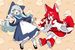 Rule 34 | 2girls, :d, animal ear fluff, animal ears, apron, black shoes, blue eyes, blue hair, blue ribbon, blue veil, blush stickers, braid, brown background, fang, fox ears, fox girl, fox tail, full body, fur-trimmed skirt, fur trim, highres, llucilab, long hair, long sleeves, looking at viewer, multiple girls, nontraditional miko, open mouth, original, red eyes, red hair, red shoes, red skirt, ribbon, shoes, skin fang, skirt, smile, tail, thighhighs, v, veil, white apron, white thighhighs, wide sleeves