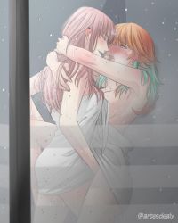 2girls artesdealy bath bathing blush couple covering_privates earrings eye_contact face-to-face facing_another feather_earrings feathers fingering grabbing gradient_hair highres hololive hololive_english hug implied_fingering jewelry looking_at_another moaning mori_calliope multicolored_hair multiple_girls naked_towel open_mouth orange_hair see-through_clothes shared_shower shower_(place) showering spread_legs steam takanashi_kiara the_sims towel vaginal virtual_youtuber water wet wet_hair wet_towel wife_and_wife yuri