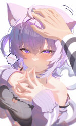 1girl 1other absurdres animal_ears black_camisole blush breasts camisole cat_cutout cat_ears cat_girl cat_tail cleavage cleavage_cutout closed_mouth clothing_cutout headpat highres hololive jacket large_breasts nekomata_okayu nekomata_okayu_(membership) official_alternate_costume purple_eyes purple_hair purple_jacket solo spoken_blush tail virtual_youtuber yusha_(lv1_yusha_522)