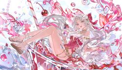 1girl absurdres ahoge aqua_eyes bare_legs bare_shoulders bow breasts carlotta_(splashing_summer)_(wuthering_waves) carlotta_(wuthering_waves) casual_one-piece_swimsuit cherry commentary food fruit hair_bow hashtag-only_commentary highres holding holding_food ice_cream legs looking_at_viewer medium_breasts mento off-shoulder_one-piece_swimsuit off_shoulder official_alternate_costume one-piece_swimsuit open_mouth parted_bangs pink_bow pink_one-piece_swimsuit sandals smile solo striped_bow sundae swimsuit thighs wuthering_waves