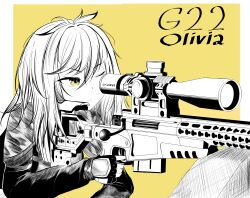 Rule 34 | 1girl, absurdres, ai arctic warfare, bolt action, character name, commentary request, expressionless, f4 u, girls&#039; frontline, girls&#039; frontline neural cloud, gun, highres, holding, holding gun, holding weapon, long hair, olivia (neural cloud), one eye closed, rifle, russian commentary, scope, sniper rifle, solo, spot color, upper body, weapon, yellow eyes