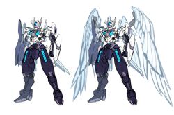 Rule 34 | angel wings, arm cannon, clenched hands, eien project, full body, gundam, gundam aerial, gundam suisei no majo, gundam wing: endless waltz, highres, mecha, mecha focus, mobile suit, pinguinkotak, purple eyes, redesign, reference sheet, robot, science fiction, sketch, standing, v-fin, weapon, white background, white wings, wing gundam zero custom, wings
