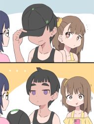 3girls black-framed_eyewear black_hair black_hat brown_hair bubukka commentary_request glasses hat holding holding_unworn_clothes holding_unworn_hat looking_at_another mikan_(bubukka) multiple_girls original short_hair tachibana_momoka_(bubukka) tomboy unworn_hat unworn_headwear yariharu_uri_(bubukka)