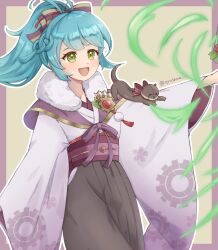 1girl :d blue_hair fire_emblem fire_emblem_heroes fur_trim highres japanese_clothes kimono long_hair long_sleeves nintendo official_alternate_costume open_mouth otter oyusame ponytail reginn_(fire_emblem) reginn_(new_year)_(fire_emblem) smile twitter_username wide_sleeves yellow_eyes