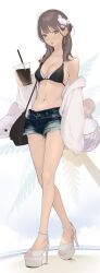1girl ama_mitsuki bare_legs bikini bikini_top_only blue_shorts blush breasts brown_eyes brown_hair cleavage cup denim denim_shorts disposable_cup drinking_straw exposed_pocket flower hair_flower hair_ornament highres holding holding_cup jacket jewelry long_hair looking_at_viewer midriff navel necklace open_clothes open_jacket original platform_sandals sandals short_shorts shorts solo standing swimsuit white_jacket