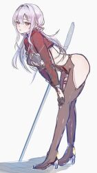 1girl ass bent_over body_chain checkered_shrug full_body goddess_of_victory:_nikke highres kunimoto_rikuya official_alternate_costume red_shrug scarlet_(nikke) scarlet_(racer&#039;s_high)_(nikke) shift_up simple_background sketch solo stellar_blade white_background