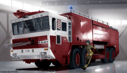 1girl artist_name black_hair dark_skin dead-robot fire_truck firefighter firefighter_jacket gloves indoors jacket looking_at_viewer mixed-language_commentary motor_vehicle original reflection running short_hair size_difference solo truck
