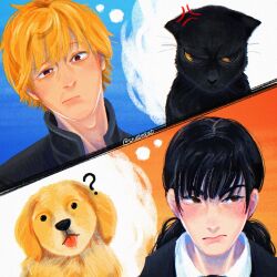 Rule 34 | 1boy, 1girl, ?, anger vein, baby animal, black dress, black hair, blonde hair, brown eyes, cat, chainsaw man, closed mouth, commentary, denji (chainsaw man), dog, dress, english commentary, fourth east high school uniform, gakuran, head tilt, highres, low twintails, mitaka asa, puppy, school uniform, short hair, snailmao, speech bubble, thought bubble, twintails