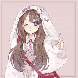 1girl brown_hair character_hair_ornament collared_shirt commentary_request diagonal-striped_clothes diagonal-striped_necktie fujishima_megumi fur_jacket grey_sweater hair_ornament highres jacket link!_like!_love_live! long_hair long_sleeves looking_at_viewer love_live! necktie open_clothes open_jacket parted_lips pink_necktie plaid_clothes plaid_skirt purple_eyes sanrio shirt skirt skp1cnqfehmpasi solo striped_clothes sweater translation_request upper_body virtual_youtuber white_jacket white_shirt white_skirt wish_me_mell