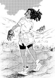 1girl bag belt_bag belt_pouch boots brick_road cast_(clock_striker) clock_striker cloud cloudy_sky commentary dark-skinned_female dark_skin dated dreadlocks earrings english_commentary from_behind full_body gloves grass greyscale halftone highres jacket jewelry looking_back mechanical_hands monochrome open_mouth outdoors ponytail pouch shorts signature single_glove single_mechanical_hand sky smile solo standing sweet_tooth_eddy