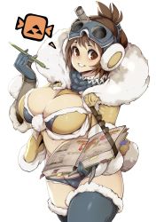 1girl blue_thighhighs book bookmark breasts brown_hair cleavage commentary female_focus fur-trimmed_legwear fur_trim gloves goggles grin handler_(monster_hunter_world) highres icon_(computing) large_breasts looking_at_viewer midriff monster_hunter:_world monster_hunter_(series) pen red_eyes short_hair simple_background slugbox smile solo sweat thighhighs thighs white_background