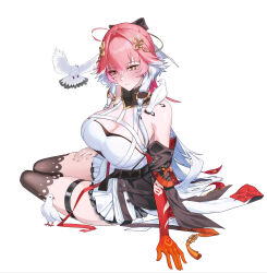1girl arm_support bare_shoulders black_bow black_jacket black_thighhighs blush body_markings bow breasts changli_(wuthering_waves) cleavage colored_extremities commentary_request derk detached_sleeves dress feather_hair hair_bow hair_intakes hair_ornament highres huge_breasts jacket korean_commentary long_hair looking_at_viewer multicolored_hair orange_eyes parted_lips pink_hair red_hands short_sleeves simple_background sitting smile solo thigh_strap thighhighs thighs two-tone_hair very_long_hair white_background white_dress white_hair wuthering_waves