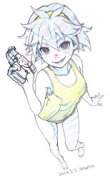 1girl bare_arms bare_legs bare_shoulders barefoot black_eyes bright_pupils check_copyright collarbone commentary_request copyright_request dated eyelashes feet from_above full_body graphite_(medium) grey_hair gun hair_ears hairband highres holding holding_gun holding_weapon light_blush lower_teeth_only nostrils one-piece_swimsuit open_mouth original shiwasu_takashi short_hair signature simple_background smirk smug solo standing swimsuit teeth toes traditional_media water_gun weapon white_background white_pupils yellow_hairband yellow_one-piece_swimsuit