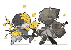 Rule 34 | 2boys, black hair, branch, brown coat, closed mouth, coat, cow horns, dongrang (project moon), e.g.o (project moon), farmwatch (e.g.o), flower, flower over eye, full body, grey coat, grey hair, grey hanbok, hanbok, holding, holding branch, horns, korean clothes, limbus company, long sleeves, looking at another, male focus, multiple boys, project moon, scythe, short hair, simple background, south ac, spicebush (e.g.o), standing, white background, white hanbok, wide sleeves, yellow eyes, yellow flower, yi sang (project moon)