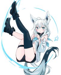 1girl absurdres ahoge animal_ear_fluff animal_ear_piercing animal_ears aqua_eyes bare_shoulders black_boots black_shorts black_tail black_thighhighs blue_neckerchief boots braid crossed_bangs detached_sleeves double-parted_bangs earrings extra_ears fox_ears fox_girl fox_tail front_slit full_body highres hololive hood hoodie jewelry long_hair looking_at_viewer low-tied_long_hair multicolored_tail navel neckerchief pentagram sailor_collar shirakami_fubuki shirakami_fubuki_(1st_costume) shorts side_braid sidelocks simple_background single_braid single_earring single_thighhigh solo tail tensann3 thigh_strap thighhighs virtual_youtuber white_background white_hair white_hoodie white_tail wide_sleeves