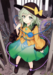 1girl black_hat boots bow brown_boots buttons collared_shirt commentary_request diamond_button eyeball frilled_shirt_collar frilled_sleeves frills green_eyes green_hair green_skirt hat hat_bow heart heart_of_string highres indoors koishi_day komeiji_koishi long_sleeves looking_at_viewer mist9801km open_mouth shadow shirt skirt solo third_eye touhou wide_sleeves yellow_bow yellow_shirt
