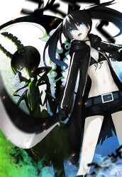 Rule 34 | 2girls, belt, bikini, black coat, black dress, black gloves, black hair, black horns, black leggings, black rock shooter, black rock shooter (character), black shorts, blue eyes, chain, coat, dead master, dress, gloves, green eyes, highres, horns, leggings, medium hair, mek, multiple girls, open clothes, open coat, pale skin, scythe, shorts, swimsuit, twintails, uneven twintails