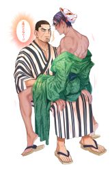 2boys alternate_costume ass bare_back bare_pectorals bare_shoulders blush casual dark-skinned_male dark_skin eye_contact full_body garamgum golden_kamuy green_kimono imminent_anal imminent_penetration japanese_clothes kimono koito_otonoshin looking_at_another male_focus mask unworn_mask multiple_boys nipples parted_bangs pectorals purple_eyes purple_hair sandals scar sitting sitting_on_person spread_legs translation_request tsukishima_hajime underwear yaoi