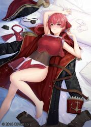 1girl amano_misaki arm_up barefoot bicorne black_coat black_hat black_leotard blush closed_mouth coat commentary_request copyright_notice covered_navel eyepatch gloves hair_ribbon hand_up hat heterochromia highleg highleg_leotard hololive houshou_marine houshou_marine_(1st_costume) jacket leotard long_hair looking_at_viewer lying miniskirt official_alternate_costume official_art on_back pleated_skirt red_coat red_eyes red_hair red_ribbon ribbon see-through_clothes see-through_leotard skirt solo twintails two-sided_coat two-sided_fabric unworn_coat unworn_eyepatch unworn_gloves unworn_hat unworn_headwear unworn_jacket unworn_skirt virtual_youtuber white_gloves yellow_eyes