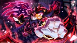 1boy animal_ears animal_nose artist_logo aura black_fur bracelet building city clenched_teeth commentary doom_wings english_commentary flying furry furry_male gloves gold_bracelet hedgehog highres jewelry logo looking_at_viewer male_focus maskedgolem multicolored_fur multicolored_shoes red_eyes red_fur red_shoes shadow_the_hedgehog sharp_teeth shoes solo sonic_(series) sonic_generations sonic_x_shadow_generations tail teeth white_gloves wings