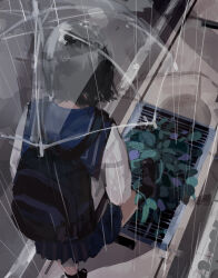 1girl 23el backpack bag black_footwear black_hair black_sailor_collar blue_skirt highres holding holding_umbrella original outdoors plant rain road sailor_collar school_uniform serafuku short_hair skirt solo storm_drain street transparent transparent_umbrella umbrella