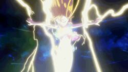 1girl animated animated_gif blonde_hair bra breasts closed_eyes completely_nude dissolving_clothes energy exploding_clothes feathers floating_hair glowing hair_down henshin lightning loli long_hair lyrical_nanoha mahou_shoujo_lyrical_nanoha_vivid navel nude official_art outstretched_arms panties small_breasts smile solo training_bra transformation trembling underwear unworn_clothes vivio