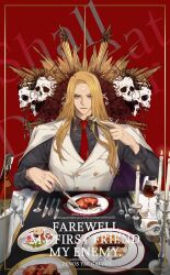 1boy alcohol black_shirt blonde_hair blue_eyes bottle buttons candelabra candle candlestand character_name collared_shirt copyright_name cup double-breasted drinking_glass eating english_text expressionless facial_mark final_fantasy final_fantasy_xiv flower food forehead_mark fork garlean hair_over_shoulder highres holding holding_fork holding_knife ice ice_cube inset_border jacket jacket_on_shoulders knife long_hair long_sleeves looking_at_viewer lyell_ff14 male_focus meat necktie plate red_background red_flower red_necktie red_wine shirt skull solo straight-on tablecloth third_eye upper_body vest white_jacket white_vest wine wine_glass zenos_yae_galvus