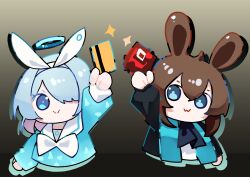 Rule 34 | 2girls, 9s tana, :&gt;, :3, absurdres, amiya (arknights), animal ears, arknights, blue archive, blue eyes, blue halo, blue shirt, bow, bow hairband, choker, closed mouth, commentary request, credit card, hair over one eye, hairband, halo, highres, holding, korean commentary, long sleeves, multiple girls, orundum (arknights), rabbit ears, rabbit girl, sailor collar, sailor shirt, shirt, short hair, white bow, white choker, white hairband, white sailor collar