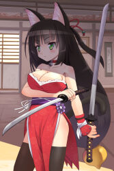 1girl animal_ear_fluff animal_ears arm_under_breasts bell black_hair black_thighhighs blunt_bangs breasts cat_ears cat_girl character_request check_copyright cleavage collar commentary_request copyright_request cowboy_shot face_in_shadow flower frilled_kimono frills green_eyes holding holding_sword holding_weapon indoors japanese_clothes kimono large_breasts light_blush light_frown long_hair low-tied_long_hair meow_(nekodenki) multiple_swords neck_bell obi original purple_flower purple_sash red_collar red_kimono sash scroll side_slit single_wrist_guard solo strapless_kimono sword thighhighs translation_request v-shaped_eyebrows very_long_hair weapon window