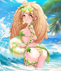 Rule 34 | 1girl, absurdres, animal ears, ass, ball, bananajuju, beachball, bikini, blonde hair, blue sky, brown eyes, cravymarvy, day, eyewear on head, heart, heart-shaped eyewear, highres, holding, holding ball, holding beachball, indie virtual youtuber, long hair, looking at viewer, monkey ears, monkey girl, outdoors, sky, solo, swimsuit, virtual youtuber, water