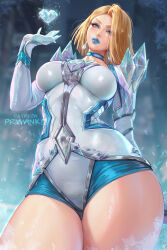 1girl blue_lips breasts diamond_(gemstone) diamond_earrings earrings emma_frost eyeshadow head_tilt heart highres jewelry leotard lipstick looking_at_viewer makeup marvel marvel_rivals multicolored_leotard paid_reward_available prywinko short_hair shoulder_spikes solo spikes superhero_costume thick_thighs thighs x-men