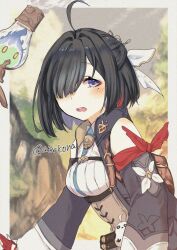 Rule 34 | 1girl, ahoge, artist name, atelier (series), atelier yumia, between breasts, black hair, border, breasts, commentary request, flammi (atelier), gloves, hair over one eye, kona (atrkona), looking at viewer, medium hair, mole, mole under eye, multicolored hair, open mouth, outside border, partially fingerless gloves, purple eyes, red gloves, red hair, smile, solo, strap between breasts, streaked hair, stuffed animal, stuffed bird, stuffed toy, twitter username, white border, yumia liessfeldt