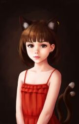 Rule 34 | 1girl, alternate costume, animal ear fluff, animal ear piercing, animal ears, bare arms, bare shoulders, blunt bangs, brown hair, cat earrings, cat ears, cat tail, chen, dark background, dress, earrings, expressionless, extra ears, flat chest, freckles, frills, highres, jewelry, lips, multiple tails, nekomata, no headwear, nose, petite, realistic, red dress, short hair, sidelighting, simple background, single earring, solo, sundress, tail, touhou, two tails, upper body, yyf (seaknight)