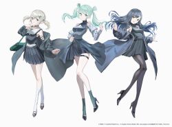 3girls aqua_eyes aqua_hair aqua_nails aqua_socks armpits azusawa_kohane bag bare_legs bare_shoulders black_choker black_hair black_jacket black_shirt black_skirt blue_coat blue_eyes blue_nails breasts brown_eyes choker coat colorful_palette commentary_request double_bun earrings full_body gradient_hair green_bag guest_art hair_between_eyes hair_bun hair_ornament hairclip hatsune_miku high_heels highres jacket jewelry lace_sleeves light_brown_hair long_hair looking_at_viewer medium_hair miniskirt multicolored_hair multiple_girls necklace official_art open_clothes open_jacket orange_eyes overskirt pantyhose pleated_skirt project_sekai see-through_clothes see-through_sleeves sega shiraishi_an shirt shoulder_bag single_earring skirt sleeveless sleeveless_shirt small_breasts socks star_(symbol) star_hair_ornament swav swept_bangs thigh_strap twintails vivid_bad_squad_miku vocaloid white_socks zipper