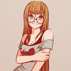 1girl glasses gradient_hair hand_on_own_elbow hime_cut holding_own_arm long_hair looking_at_viewer monokarumaru multicolored_hair off_shoulder orange_hair persona persona_5 print_shirt sakura_futaba shirt simple_background strapless strapless_shirt tank_top torso underwear