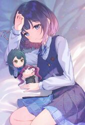1girl bed_sheet blue_overskirt blue_ribbon blue_skirt blue_vest character_doll chibigurumi commentary_request gakuen_idolmaster hataya_misuzu hatsuboshi_gakuen_school_uniform highres idolmaster kaya_rinha looking_at_viewer lying miyanome mole mole_under_mouth neck_ribbon on_side pleated_skirt purple_eyes purple_hair ribbon school_uniform shirt short_hair skirt skirt_set solo tsukimura_temari vest watermark white_shirt