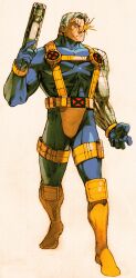 Rule 34 | 1990s (style), 1boy, 2000, absurdres, bengus, bodysuit, cable (marvel), capcom, game cg, glowing, glowing eye, grey hair, gun, highres, holding, holding gun, holding weapon, male focus, marvel, marvel vs. capcom, marvel vs. capcom 2, muscular, muscular male, non-web source, official art, retro artstyle, scan, short hair, solo, superhero costume, weapon, white hair, x-men