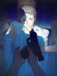 1boy 3others bandage_on_face bandaged_arm bandages brown_eyes brown_hair collared_shirt gun gundam gundam_hathaway&#039;s_flash handgun hathaway_noa highres holding holding_gun holding_weapon imminent_death jacket looking_at_viewer male_focus military_jacket military_uniform multiple_others muyuer011 pov pov_hands shirt short_hair solo_focus weapon white_shirt