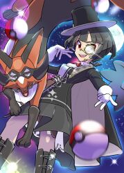 1girl ascot black_footwear black_hair black_headwear cape gen_8_pokemon gloves hat highres looking_at_viewer monaka_mom monocle moon nintendo official_alternate_costume open_mouth poke_ball pokemon pokemon_masters_ex red_eyes short_hair teeth thievul top_hat upper_teeth_only white_ascot white_gloves zinnia_(pokemon) zinnia_(special_costume)_(pokemon)