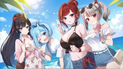 4girls akane_lize animal_ears arahashi_tabi bag bare_shoulders black_choker black_eyes black_hair black_shirt blue_eyes blue_hair blue_shorts bottle bow breasts casual cat_ears choker cleavage commentary_request crop_top day denim denim_shorts dress extra_ears eyewear_on_head food grey_hair hair_bow hair_bun hand_up highres holding holding_bottle holding_food holding_ice_cream ice_cream ika_(4801055) jacket korean_commentary large_breasts long_hair looking_at_viewer midriff multicolored_hair multiple_girls navel neneko_mashiro off-shoulder_shirt off_shoulder one_eye_closed open_mouth outdoors overall_skirt pink_jacket ponytail red_hair shirayuki_hina shirt shorts shoulder_bag side_ponytail sleeveless sleeveless_shirt smile stellive stomach streaked_hair sunglasses sunlight white_dress white_shirt