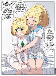2girls absurdres age_regression aged_down blonde_hair blush child closed_eyes commentary dress english_commentary english_text glasses green_eyes highres lillie_(pokemon) lusamine_(pokemon) mother_and_daughter multiple_girls nico-neko nintendo open_mouth pokemon pokemon_sm ponytail pout short_hair speech_bubble twitter_username watermark web_address white_dress
