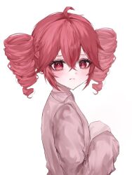 1girl ahoge alternate_costume blush closed_mouth collared_shirt crossed_bangs drill_hair from_side hashtag-only_commentary kasane_teto long_sleeves looking_at_viewer pink_shirt red_hair rin_x112 shirt simple_background solo sweatdrop twin_drills upper_body utau white_background wing_collar
