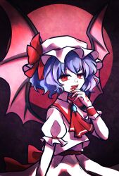 1girl ascot bat_wings blood blood_on_face blood_on_hands blue_hair bow brooch commentary full_moon hat hat_bow highres jewelry looking_at_viewer mob_cap moon open_mouth purple_hair red_ascot red_bow red_eyes red_moon remilia_scarlet shirt short_hair short_sleeves smile soda_(sodaa_811) solo touhou white_hat white_shirt wings wrist_cuffs
