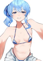 1girl absurdres bikini blue_eyes blue_hair breasts commentary highres hololive hoshimachi_suisei jape_(ja_pehhhh) medium_hair micro_bikini open_mouth shorts side_ponytail simple_background small_breasts solo stomach swimsuit virtual_youtuber white_background white_shorts