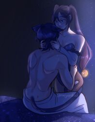 Rule 34 | 1boy, 1girl, animal ears, bare shoulders, black hair, blue eyes, breasts, brown pantyhose, cat boy, cat ears, cat tail, cleavage, closed mouth, collarbone, constellation print, detached sleeves, eyelashes, frilled sleeves, frills, genshin impact, hair between eyes, half-closed eyes, hand on another&#039;s waist, hands in hair, hetero, highres, indoors, leotard, long hair, looking at another, maju (majuandrad), median furrow, medium breasts, mona (genshin impact), multicolored hair, pantyhose, parted bangs, ponytail holder, purple hair, purple leotard, scaramouche (genshin impact), shoulder blades, sidelighting, sidelocks, sitting, smile, standing, star (symbol), star print, streaked hair, sweat, tail, tail around another&#039;s leg, tail wrap, topless male, towel around waist, twintails, twitter username, white sleeves