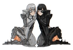 Rule 34 | 2girls, adeline (girls&#039; frontline), alina (girls&#039; frontline), black hair, closed mouth, eyepatch, full body, girls&#039; frontline, grey hair, hand to hand, highres, light smile, looking at another, metal eyepatch, multiple girls, nyto (girls&#039; frontline), paradeus, prosthesis, prosthetic leg, simple background, sitting, white background, yongsadragon