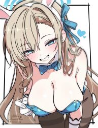 1girl artist_name asami-chan asuna_(blue_archive) asuna_(bunny)_(blue_archive) blue_archive blue_bow blue_bowtie blue_eyes blue_halo blue_leotard blue_ribbon blush bow bowtie breasts brown_hair brown_pantyhose commentary detached_collar gloves hair_ribbon halo highres large_breasts leotard long_hair looking_at_viewer mole mole_on_breast official_alternate_costume pantyhose playboy_bunny ribbon simple_background solo white_gloves